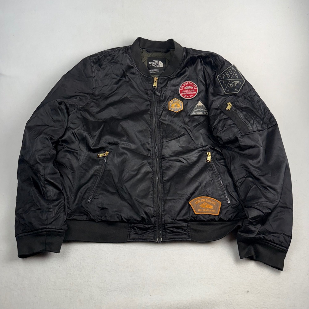 The North Face Womens Black Patch Bomber Jacket Quilted Lining Large Full Zip